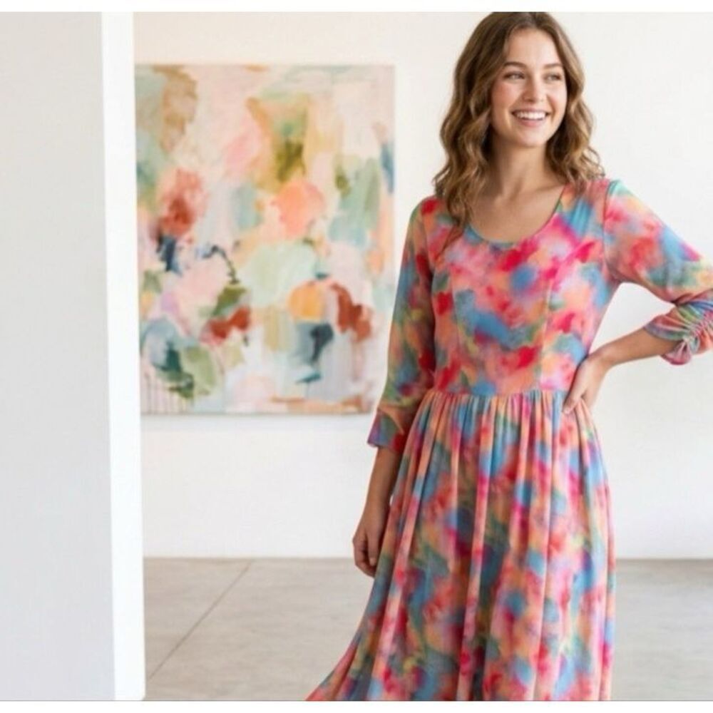 Boutique size L chiffon bright water colors fit n flare dress.